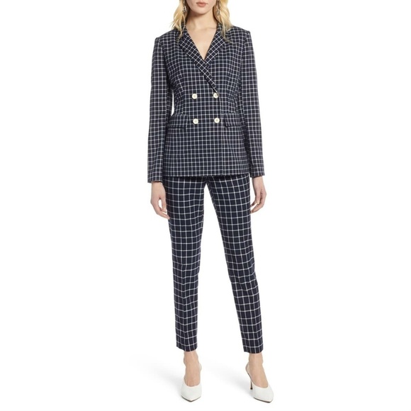 💕HALOGEN💕 Double Breasted Window Pane Plaid Check Blazer ~ Navy Blue S NWOT - Picture 5 of 14